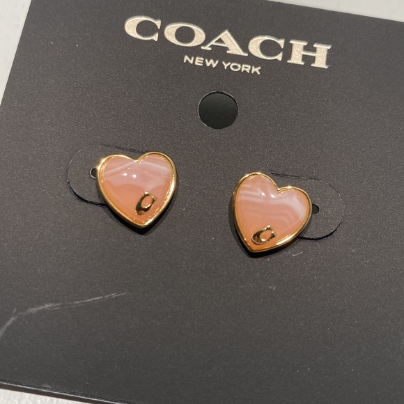 Coach Signature Heart Stud Earrings Sweet Baby Pink 14k Gold Plated Stud Post - Picture 4 of 5